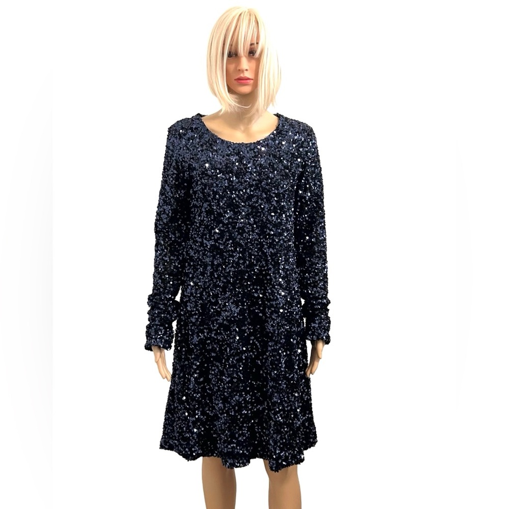 Gap Black with Blue Shimmer A-Line Long Sleeve Sequin Party Dress